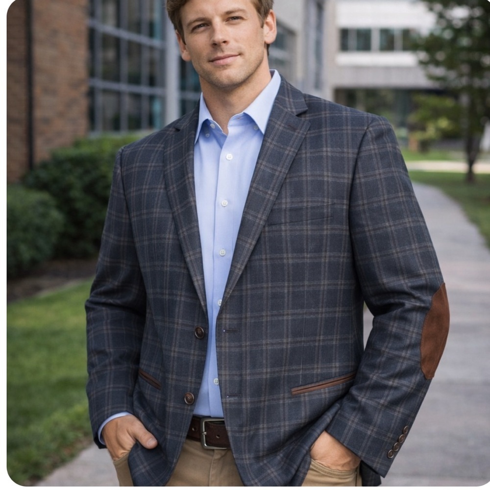 Blue Plaid Sport Coat Blazer Jacket w Suede Elbow Patches 42 L
